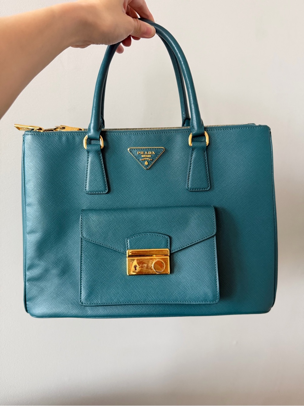 Prada Teal Saffiano Leather Tote with Gold Hardware and removable strap